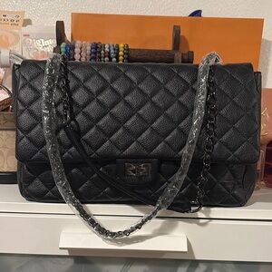 Black Quilted Shoulder Bag - Classic Chain Strap